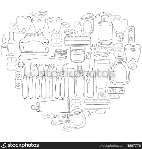 Coloring page. Set of elements for the care of the oral cavity in hand draw style. Teeth cleaning, dental health, dental instrument. Monochrome medical illustrations. Coloring pages, black and white