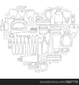 Coloring page. Set of elements for the care of the oral cavity in hand draw style. Teeth cleaning, dental health, dental instrument. Monochrome medical illustrations. Coloring pages, black and white