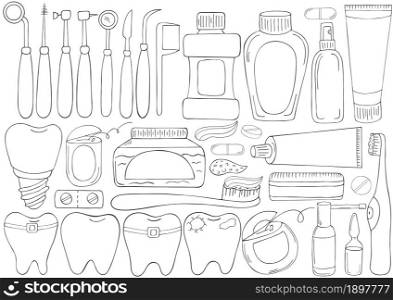 Coloring page. Set of elements for the care of the oral cavity in hand draw style. Teeth cleaning, dental health, dental instruments. Monochrome medical illustrations. Coloring pages, black and white
