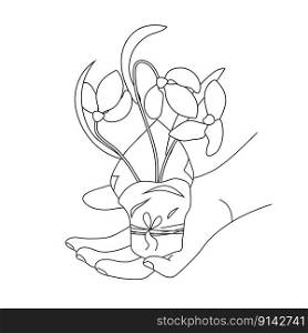 Coloring page Snowdrops in paper packaging tied with string in hand. Vector line art first flowers. Elements for coloring book, page, printing, design illustrations in the style of outline.. Coloring page Snowdrops in paper packaging tied with string in hand. Vector line art first flowers.