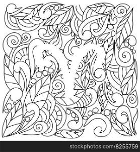 coloring page using negative space, silhouette of the zodiac sign Aries, doodle patterns of leaves and curls, vector outline illustration for design and creativity