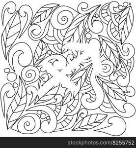 coloring page using negative space, silhouette of the zodiac sign Sagittarius, doodle patterns of leaves and curls, vector outline illustration for design and creativity