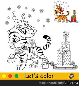 Coloring page with Christmas cute tiger cub carries gifts on a sleigh. Cartoon character. Coloring book with colored exemple. Outline vector illustration. For education, print, game, decor, puzzle.. Coloring christmas tiger carries gifts on a sleigh