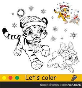 Coloring page with cute Christmas tiger cub runs with rabbit. Cartoon character. Coloring book with colored exemple. Outline vector illustration. For education, print, game, decor, puzzle.
