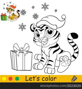 Coloring page with cute tiger, Christmas present and snowflakes. Cartoon kawaii character. Coloring book with colored exemple. Outline vector illustration. For education, print, game, decor, puzzle.. Coloring christmas tiger sitting with present vector