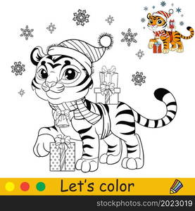 Coloring page with cute tiger, Christmas presents and snowflakes. Cartoon kawaii character. Coloring book with colored exemple. Outline vector illustration. For education, print, game, decor, puzzle.. Coloring christmas tiger with presents vector illustration