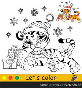 Coloring page with cute tiger cub, Christmas presents and snowflakes. Cartoon character. Coloring book with colored exemple. Outline vector illustration. For education, print, game, decor, puzzle.. Coloring christmas tiger lying with presents vector
