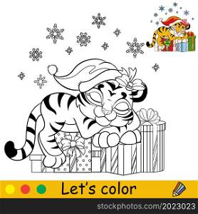 Coloring page with cute tiger cub sleeps on the Christmas presents. Cartoon character. Coloring book with colored exemple. Outline vector illustration. For education, print, game, decor, puzzle.. Coloring christmas tiger sleeping on the presents vector