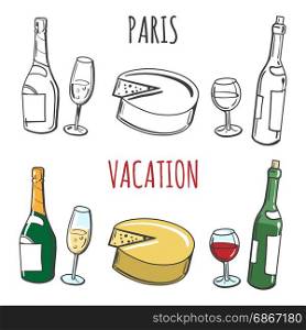 Coloring page with popular french food. Coloring page Paris vacation with popular french food. Vector icons of cheese, wine and champagne