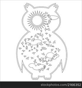 Coloring page with symbol moon, sun, owl. coloring book for adult, antistress, album, wall mural, art, tattoo. Black and white outline illustration. Coloring page with symbol moon, sun, owl. coloring book for adult, antistress, album, wall mural, art, tattoo. Black and white outline illustration.