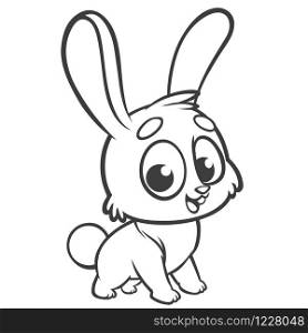 Coloring pages. Animals. Cartoon of a little cute bunny stands and smiles. Outlined line art. Vector illustration of a rabbit