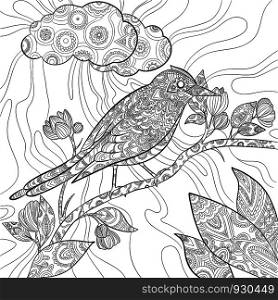 Coloring pages bird. Wild flying animal in sitting on branch vector nature floral pattern line illustrations. Wildlife bird nature drawing sit on branch tree. Coloring pages bird. Wild flying animal in sitting on branch vector nature floral pattern line illustrations