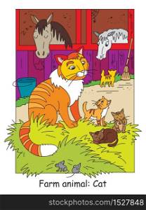 Coloring pages with cute cat and little kittens on the farm. Cartoon vector illustration. Stock illustration for design, preschool education, print and game.
