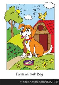 Coloring pages with cute dog listening a song of a bird. Cartoon vector illustration. Stock illustration for design, preschool education, print and game.