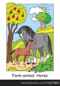 Coloring pages with cute horse and her foal standing in apple garden. Cartoon vector illustration. Stock illustration for design, preschool education, print and game.
