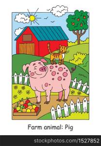 Coloring pages with cute smiling pig and cat on the farm meadow. Cartoon vector illustration. Stock illustration for design, preschool education, print and game.