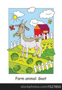 Coloring pages with funny goat chewing a cabbage on the farm. Cartoon vector illustration. Stock illustration for design, preschool education, print and game.