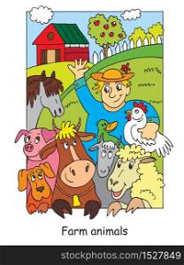Coloring pages with happy farmer and his farm animals. Cartoon vector illustration. Stock illustration for design, preschool education, print and game.