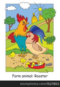 Coloring pages with happy rooster, hen and chickens on the farm meadow. Cartoon vector illustration. Stock illustration for design, preschool education, print and game.