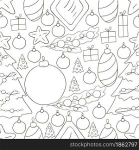 Coloring Pattern in hand draw style. Seamless vector pattern with Christmas tree decorations, gifts. New Year. Seamless vector pattern. Christmas tree decorations. Pattern in hand draw style