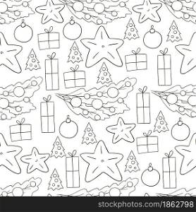 Coloring Pattern in hand draw style. Seamless vector pattern with stars, Christmas tree decorations. Can be used for fabric, packaging, wrapping and etc. Seamless vector pattern. Christmas tree decorations. Pattern in hand draw style