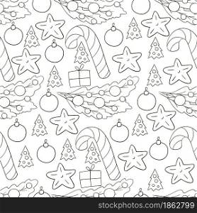 Coloring Pattern in hand draw style. Seamless vector pattern with stars, Christmas tree decorations. Can be used for fabric. Seamless vector pattern. Christmas tree decorations. Pattern in hand draw style