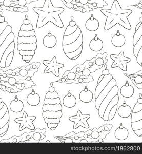 Coloring Pattern. Seamless vector pattern with stars, Christmas tree decorations. Can be used for fabric, packaging, wrapping paper, textile and etc. Seamless vector pattern. Christmas tree decorations. Pattern in hand draw style