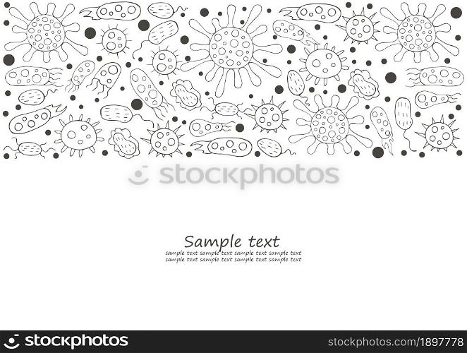 Coloring Rectangular flyer, banner. Set of cartoon microbes in hand draw style. Coronavirus, bacteria, microorganisms. Monochrome medical illustrations. Coloring pages, black and white