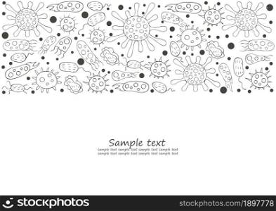 Coloring Rectangular flyer, banner. Set of cartoon microbes in hand draw style. Coronavirus, bacteria, microorganisms. Monochrome medical illustrations. Coloring pages, black and white