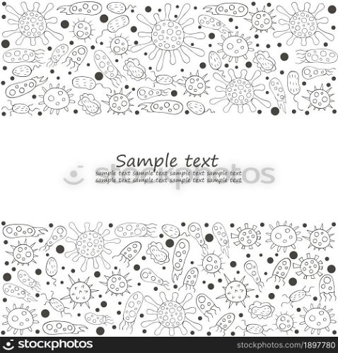 Coloring rectangular frame. Set of cartoon microbes in hand draw style. Coronavirus, viruses, bacteria, microorganisms. Monochrome medical illustrations. Coloring pages, black and white