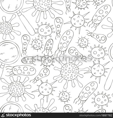 Coloring Seamless pattern bacteria and microbes. Search for viruses, magnifier. Cartoon microbes in hand draw style. Coronavirus, viruses. Monochrome medical seamless pattern. Coloring pages, black and white