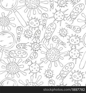 Coloring Seamless pattern bacteria and microbes. Search for viruses, magnifier. Cartoon microbes in hand draw style. Coronavirus, viruses. Monochrome medical seamless pattern. Coloring pages, black and white