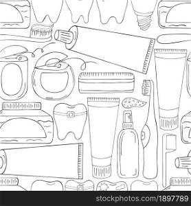 Coloring Seamless pattern. Cartoon elements in hand draw style. Background for packaging, advertising. Dental health, toothpaste, toothbrush. Monochrome medical seamless pattern. Coloring pages, black and white