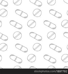 Coloring Seamless pattern. Cartoon medical drugs in hand draw style. Background for packaging, advertising of tablets. Monochrome medical seamless pattern. Coloring pages, black and white