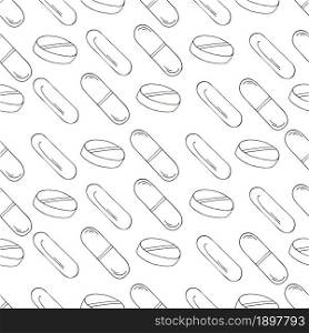 Coloring Seamless pattern. Cartoon medical drugs in hand draw style. Background for packaging, advertising. Monochrome medical seamless pattern. Coloring pages, black and white