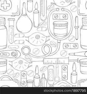 Coloring Seamless pattern. Cartoon medical instruments in hand draw style. Masks, medicines, medical case. Monochrome medical seamless pattern. Coloring pages, black and white