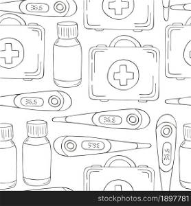 Coloring Seamless pattern . Cartoon medical instruments in hand draw style. Medical case, thermometer, drugs. Monochrome medical seamless pattern. Coloring pages, black and white