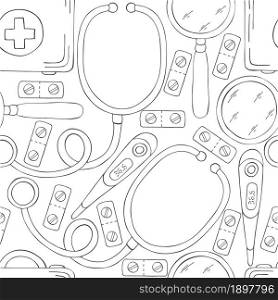 Coloring Seamless pattern. Cartoon medical instruments in hand draw style. Medical case, thermometer, stotoscope. Monochrome medical seamless pattern. Coloring pages, black and white