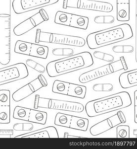 Coloring Seamless pattern. Cartoon medical instruments in hand draw style. Medical plaster, test tubes, pills. Monochrome medical seamless pattern. Coloring pages, black and white