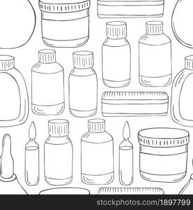 Coloring Seamless pattern. Cartoon medical instruments in hand draw style. Medicines. Monochrome medical seamless pattern. Coloring pages, black and white