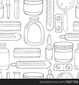 Coloring Seamless pattern. Cartoon medical instruments in hand draw style. Medicines, thermometer, pills. Monochrome medical seamless pattern. Coloring pages, black and white