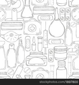 Coloring Seamless pattern. Cartoon medical instruments in hand draw style. Microscope, instruments. Monochrome medical seamless pattern. Coloring pages, black and white