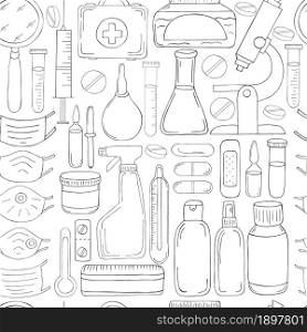 Coloring Seamless pattern. Cartoon medical instruments in hand draw style. Microscope, laboratory instruments. Virus scan. Monochrome medical seamless pattern. Coloring pages, black and white