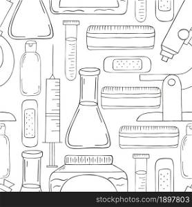 Coloring Seamless pattern. Cartoon medical instruments in hand draw style. Microscope, laboratory research. Monochrome medical seamless pattern. Coloring pages, black and white