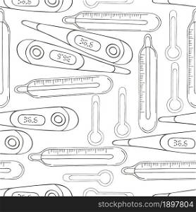Coloring Seamless pattern. Cartoon medical instruments in hand draw style. Thermometers, thermometers, temperature measurement. Monochrome medical seamless pattern. Coloring pages, black and white