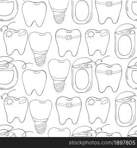 Coloring Seamless pattern. Cartoon teeth in hand draw style. Background for packaging, advertising. Healthy teeth, caries, braces, dental floss. Monochrome medical seamless pattern. Coloring pages, black and white
