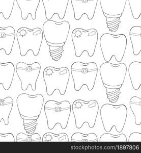 Coloring Seamless pattern. Cartoon teeth in hand draw style. Background for packaging, advertising. Healthy teeth, caries, braces, prosthesis. Monochrome medical seamless pattern. Coloring pages, black and white