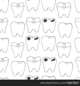 Coloring Seamless pattern. Cartoon teeth in hand draw style. Background for packaging, advertising. Healthy teeth, caries, braces. Monochrome medical seamless pattern. Coloring pages, black and white
