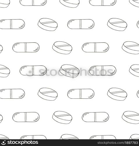 Coloring Seamless pattern on a white background. Cartoon medical drugs in hand draw style. Background for packaging. Monochrome medical seamless pattern. Coloring pages, black and white