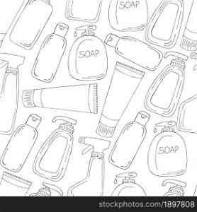 Coloring Seamless pattern. Set of bathroom elements in hand draw style. Collection of cans, packages, tubes. Antiseptic, toothpaste, gel. Monochrome medical seamless pattern. Coloring pages, black and white
